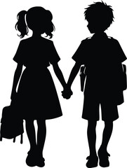 Back to school boy and girl with bags holding hands silhouette vector.