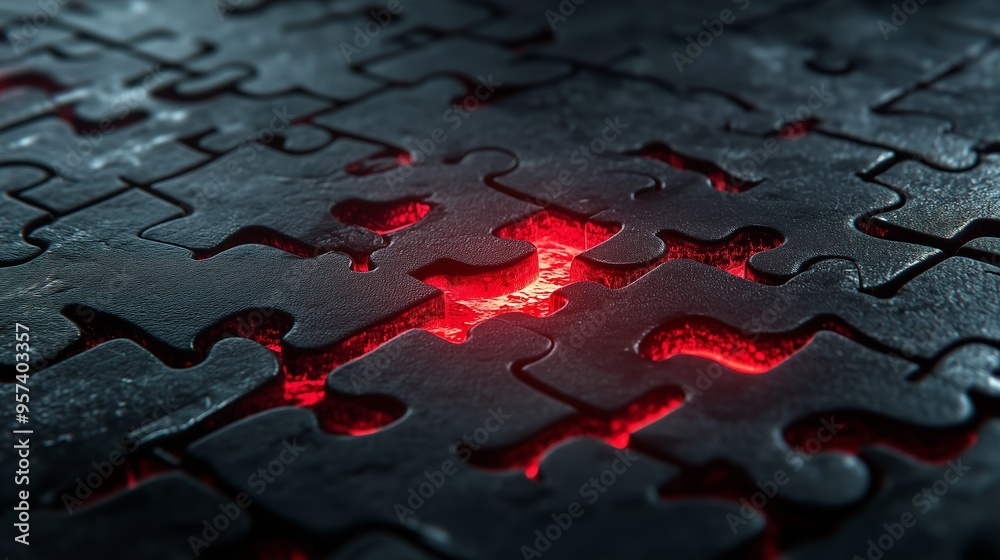 Poster dark puzzle pieces illuminated with a glowing red light create an intriguing visual effect in a myst