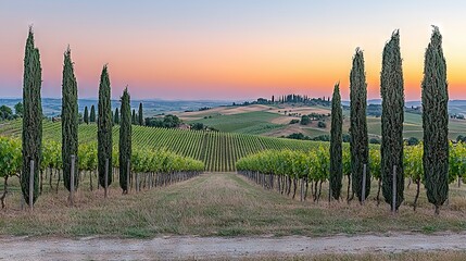 Obraz premium A field of tall trees lined with a dirt road, bathed in the warm glow of a beautiful sunset