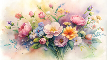 Vibrant bouquet of flowers in watercolor style with soft pastels and gentle background, copy space