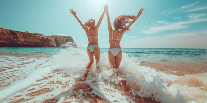 Senior gay couple enjoys a sunny day on the beach while holding hands near the water
