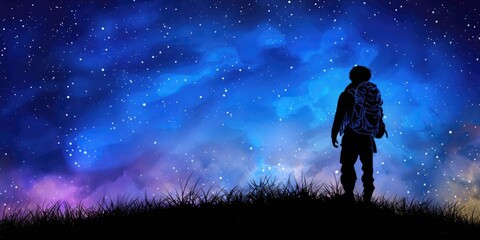 Fototapeta premium A person gazes at a starry night sky filled with vibrant colors in a serene landscape