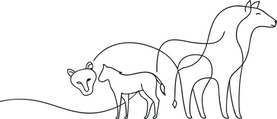 continuous single line drawing of animal set , line art vector illustration
