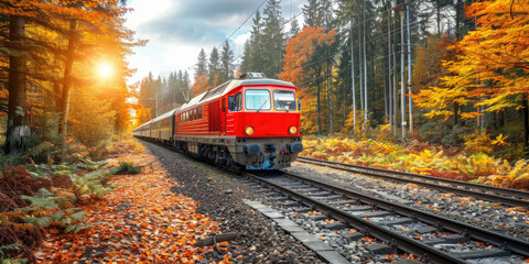 Fototapeta premium A modern train travels through a colorful autumn forest in a scenic rural landscape