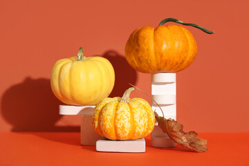 Decorative podiums with fresh pumpkins and autumn leaf on colorful background