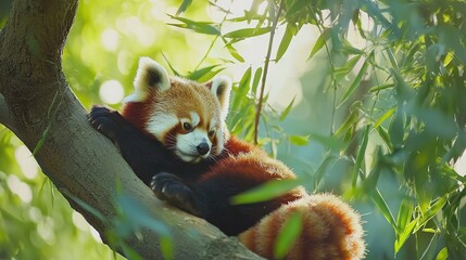 Fototapeta premium Red panda in a tree, head resting on a branch, gazing at the camera