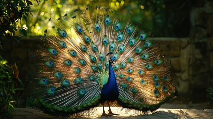 Obraz premium Peacock with feathers spread, stone wall, green trees in background