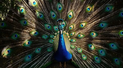 Fototapeta premium A close-up of a peacock with its feathers spread wide and tail feathers spread out
