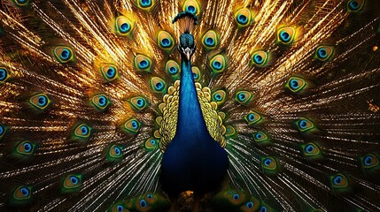 Fototapeta premium A close-up of a peacock with its feathers spread out and tail feathers displayed