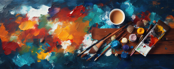 Painter tools for artist. Colorful paint pallete.