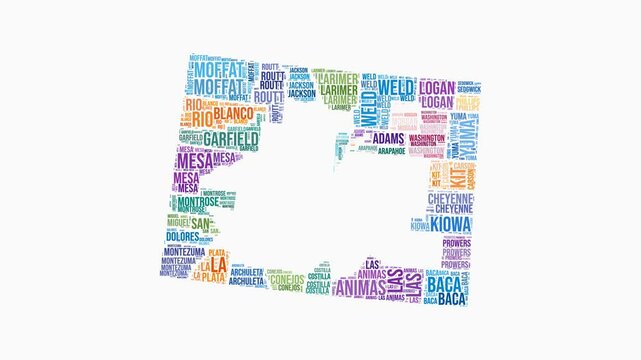 Colorado counties word cloud animation. State logo animated video. Colorado colored text cloud. Counties typography style motion graphics. Vibrant video.