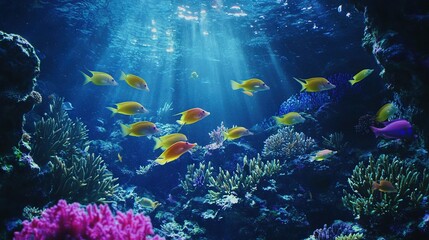 Obraz premium A group of colorful fish swimming in a vibrant coral reef under radiant sunbeams