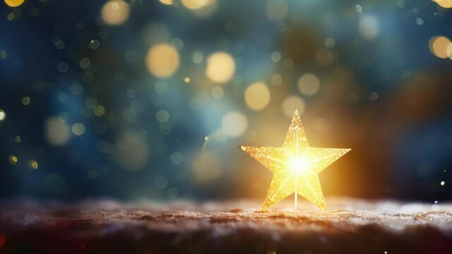 Sparkling golden christmas star is emanating a warm glow, bringing festive cheer to a snowy surface. The blurry lights in the background add a magical touch to the scene