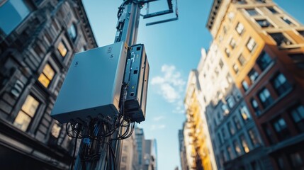 5G base station on tower technology on a street in the city