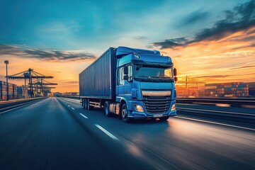 A blue truck driving on a highway near a port at sunset, with shipping containers and cranes in the background