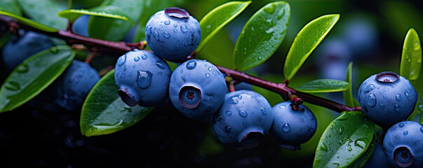 Fresh huckleberries on green twig. (Vaccinium corymbosum). Blueberries