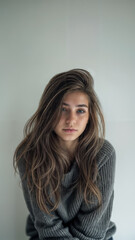 Naklejka premium Portrait of a young teenage female model with long brown volumous hair and wearing a gray sweater. Flawless, youthful complexion. Copy space.