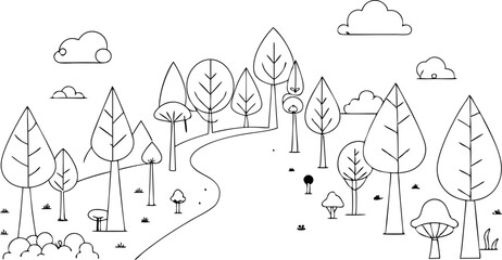 continuous single line drawing of A magical forest, line art vector illustration