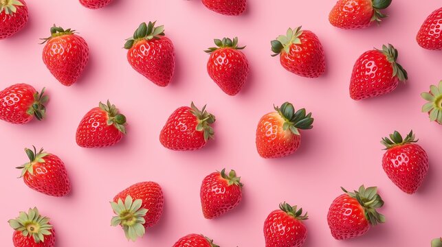 Fresh strawberries arranged neatly on a pink background, showcasing their vibrant colors and fresh appearance in natural light