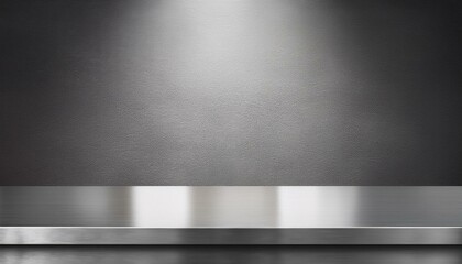 Silver steel countertop, empty shelf. realistic mockup of table top, kitchen counter on gray background with spot light. Bar desk surface in foreground