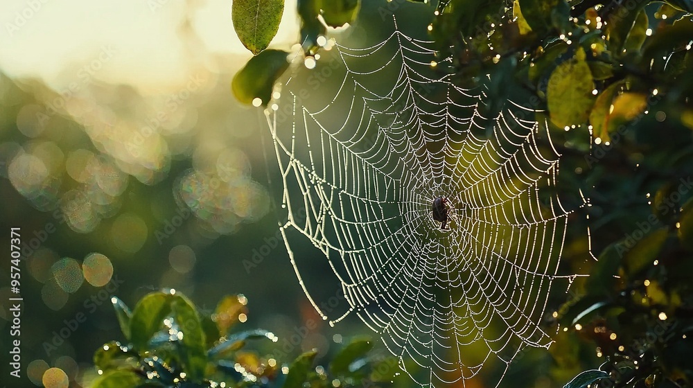 Wall mural close-up image of a spider web on a tree with droplets of water on the web