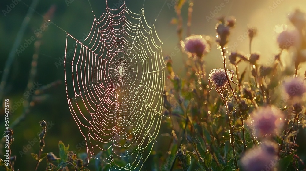 Canvas Prints a field of flowers with a sunny spider web close-up
