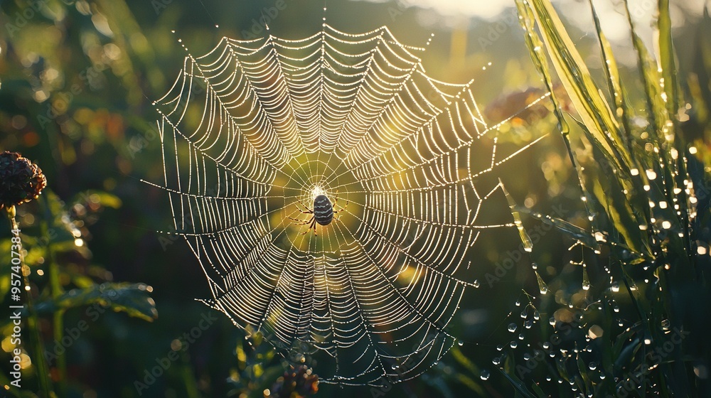 Wall mural a spider web with dew drops and a bee in its center, resting in a field