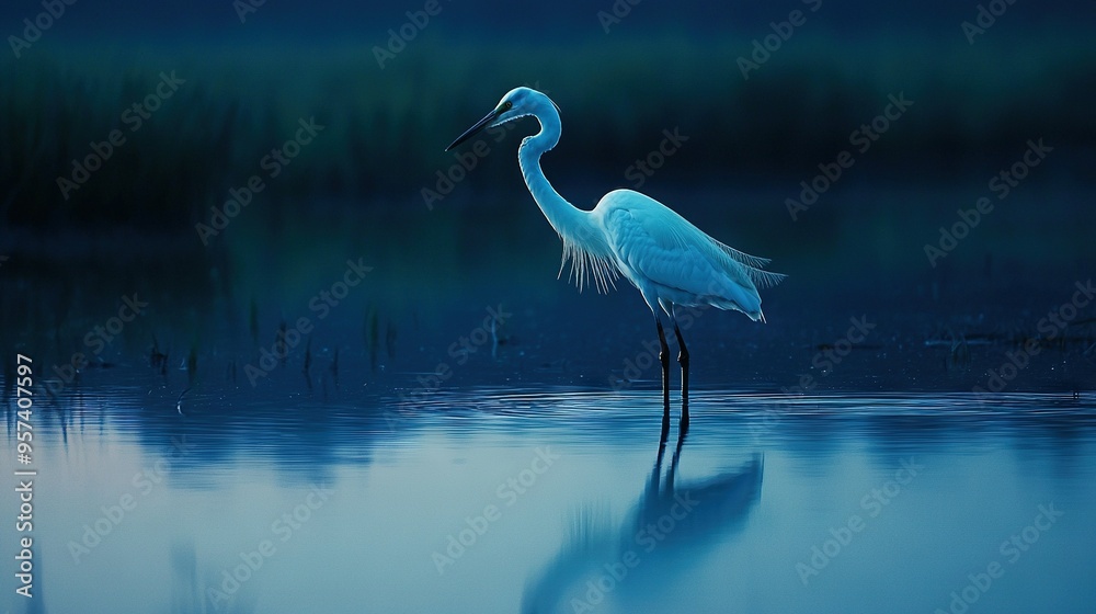 Poster   A majestic white heron wading through a tranquil lake