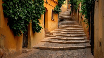 Obraz premium A stone staircase leads up to a building with ivy on both sides