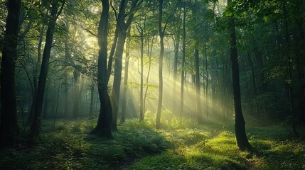 Obraz premium Sunlight filters through green trees in a dense forest