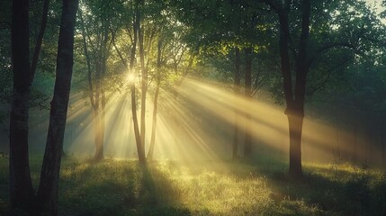 Fototapeta premium A lush forest brimming with towering trees bathed in warm sunlight filtering through their leaves, casting dappled beams on the ground below