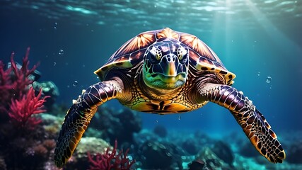 Fototapeta premium Sea turtle swimming in the ocean, generative artificial intelligence stock image illustration design, new quality universal colorful technology 