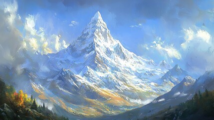   Painting depicts a snow-capped mountain surrounded by tree trunks in the foreground and a blue, cloud-laden sky backdrop