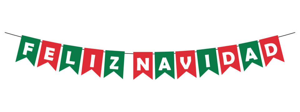 feliz navidad bunting garland, red and green pennants with white letters, party spanish lettering banner, vector decorative element