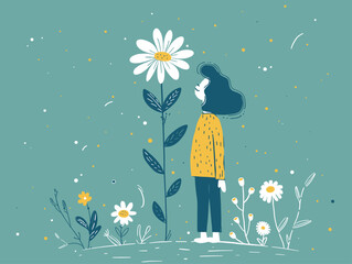 Doodle Illustration Person Growing Flower: Metaphor for Human Potential, Personal Development, and Nurturing Nature