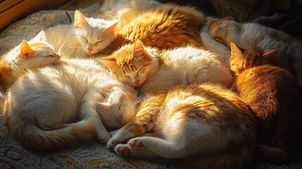   Orange-and-white cats lie together on a white-and-yellow blanket