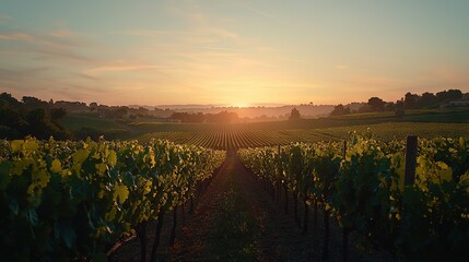 Naklejka premium The sun is setting over a vineyard with vines in the foreground and a house in the background