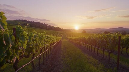 Fototapeta premium A vineyard bathed in sunset hues, with the sun casting shadows on hills and trees in the foreground and fading into the horizon