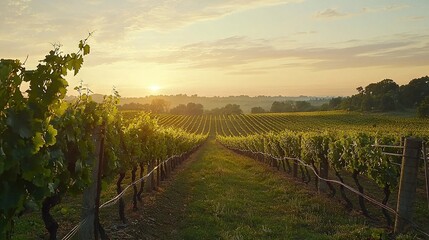 Naklejka premium A vineyard bathed in golden sunlight as the setting sun filters through the leafy vines, casting an ethereal glow on the surrounding landscape