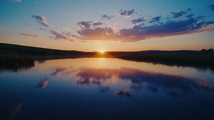 Fototapeta premium The sun sets over water with cloud reflection and distant hills