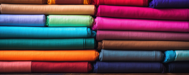 colored bright fabric. detail of sewing color material like fabric, cotton, spool of thread.