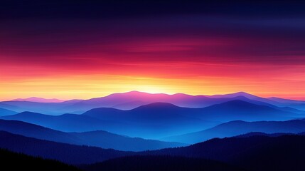 Obraz premium A stunning sunset painting over a majestic mountain range with vivid red and blue skies as its focal point captures the beauty of nature's grandeur