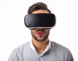 Obraz premium Portrait of a Man Using VR Glasses Headshot Isolated on White Background with Copy Space
