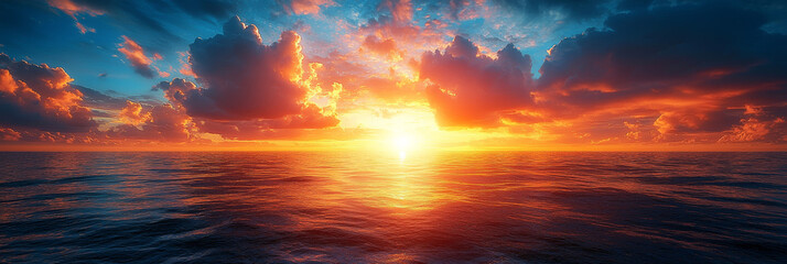 Fototapeta premium A fiery sunset paints the sky with vibrant hues as the sun dips below the horizon, casting a warm glow over the vast ocean.