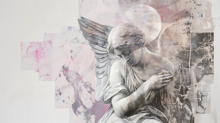 Naklejka premium Pintura abstracta descolorida y desgastada de un ángel con grandes alas. El cuadro presenta pintura rosa descolorida, fondo blanco y tonos grises, con un aspecto ultrarrealista al estilo graffiti
