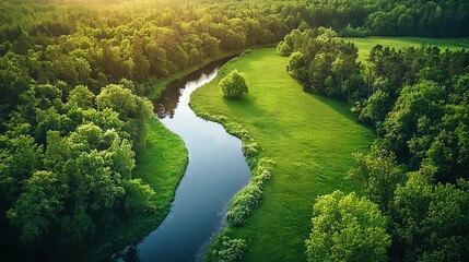 Fototapeta premium A river runs through a verdant forest surrounded by tall, green trees and a vibrant green meadow