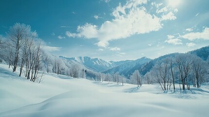 Obraz premium A snow-covered landscape with trees and mountains in the background and a blue sky with clouds in the foreground is an enchanting scene