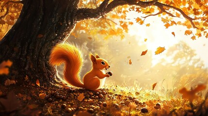   A painting of a squirrel perched on the ground beneath a leaf-dropping tree
