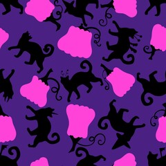 Halloween animals seamless cats and pumpkins pattern for wrapping paper