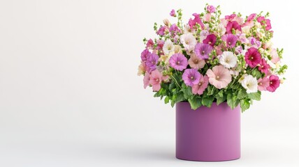Obraz premium Fresh and colorful hollyhocks in a stylish purple hat box, adding a touch of nature to indoor spaces.